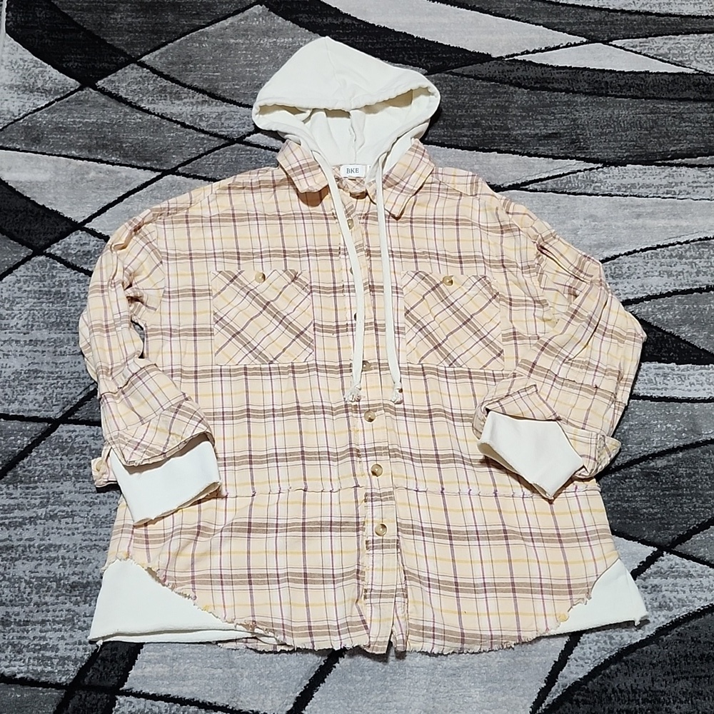 BKE BOYFRIEND RAW-EDGE PLAID FLANNEL KNIT HOODIE BUTTON-DOWN LONG-SLEEVE…